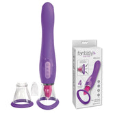 The Fantasy For Her "Her Ultimate Pleasure" Licking & Sucking Sensation Vibrator by Pipedream is a purple personal massager featuring multiple attachments, such as a clear suction cup and a textured cap, designed for customizable pleasure. The device offers intuitive controls, and the packaging next to it highlights four powerful features of Her Ultimate Pleasure.